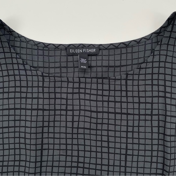 Eileen Fisher Gray Grid Printed 100% Silk Crepe Tunic Oversized Size Medium - Picture 3 of 7